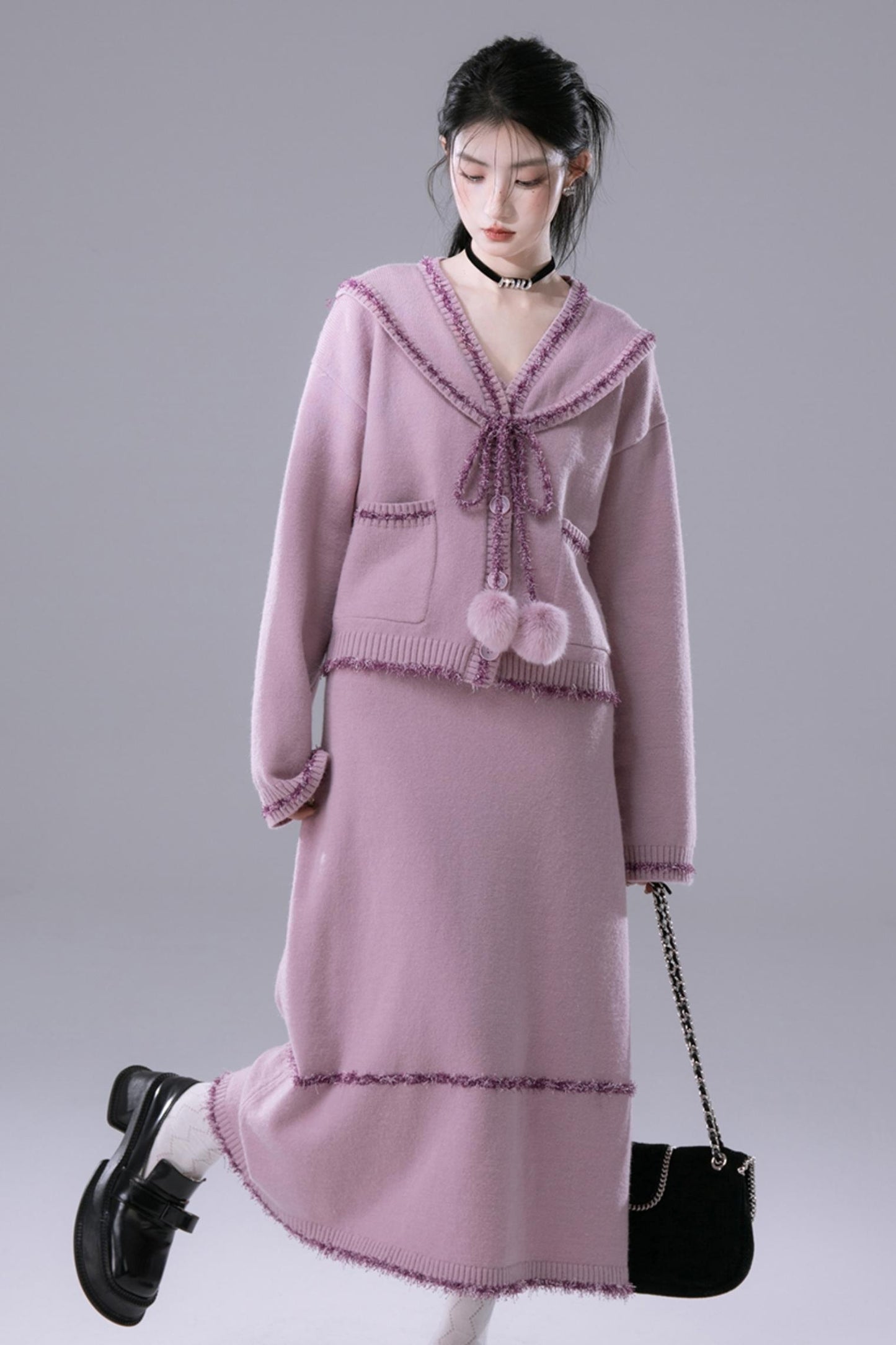 Pink Purple Fleece Wool Dress Set-Up