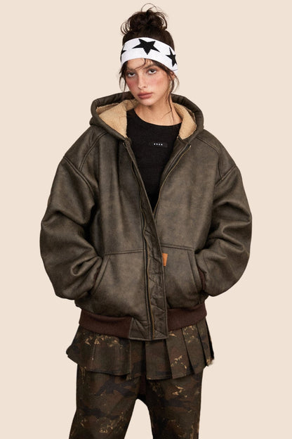 Distressed Fur Fleece Hooded Jacket