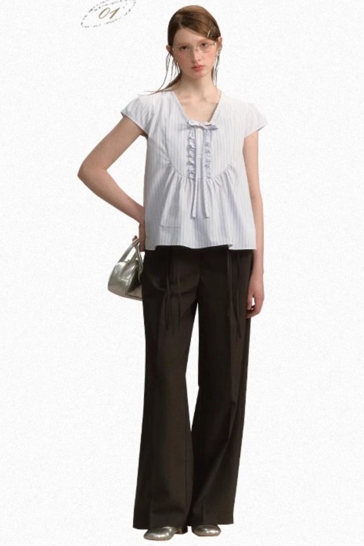 Striped V-Neck Lace Blouse