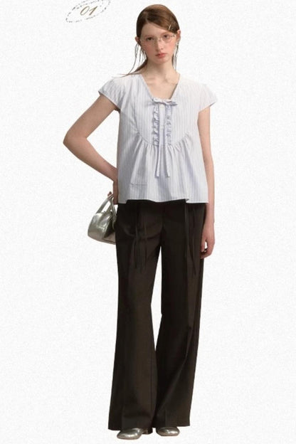 Striped V-Neck Lace Blouse