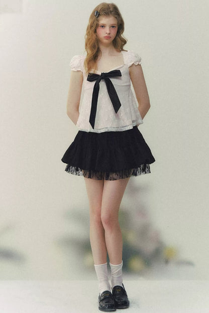 Square Neck Bow Lace Top