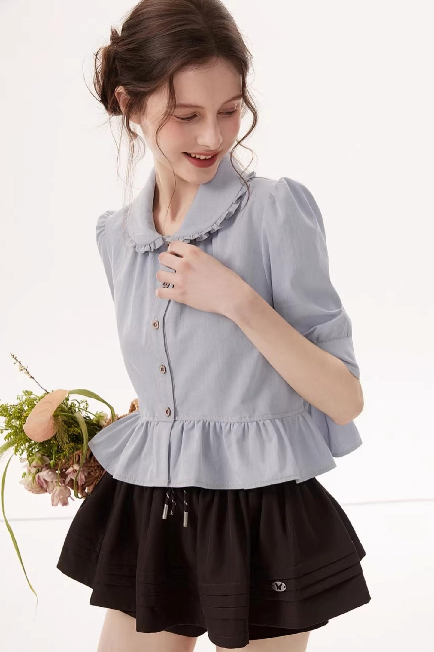 French Blue Ruffle Top
