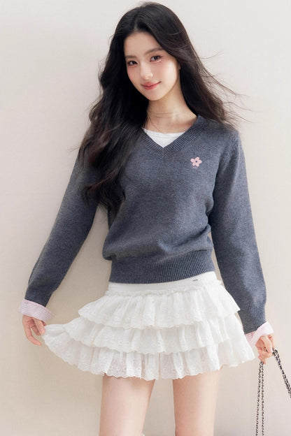 Romantic Check Wool-Blend V-Neck Sweater