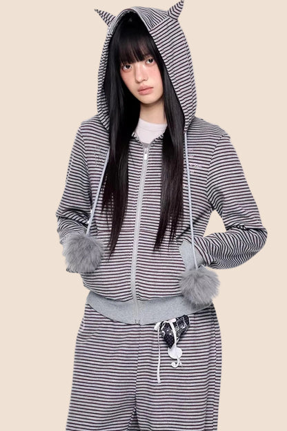 Little Devil Striped Hooded Jacket Set-Up