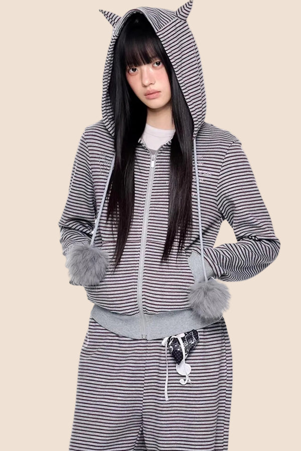 Little Devil Striped Hooded Jacket Set-Up