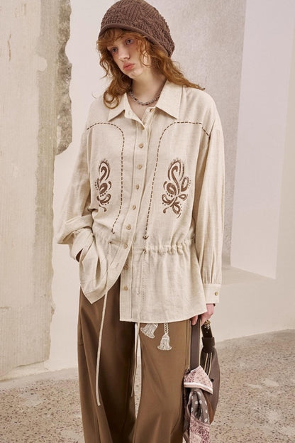 Vintage Striped Suede Embroidered Shirt