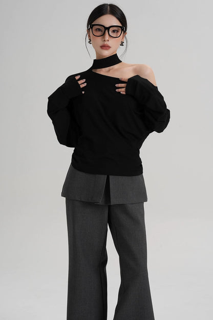 Halterneck Slanted Shoulder Long Sleeve Top