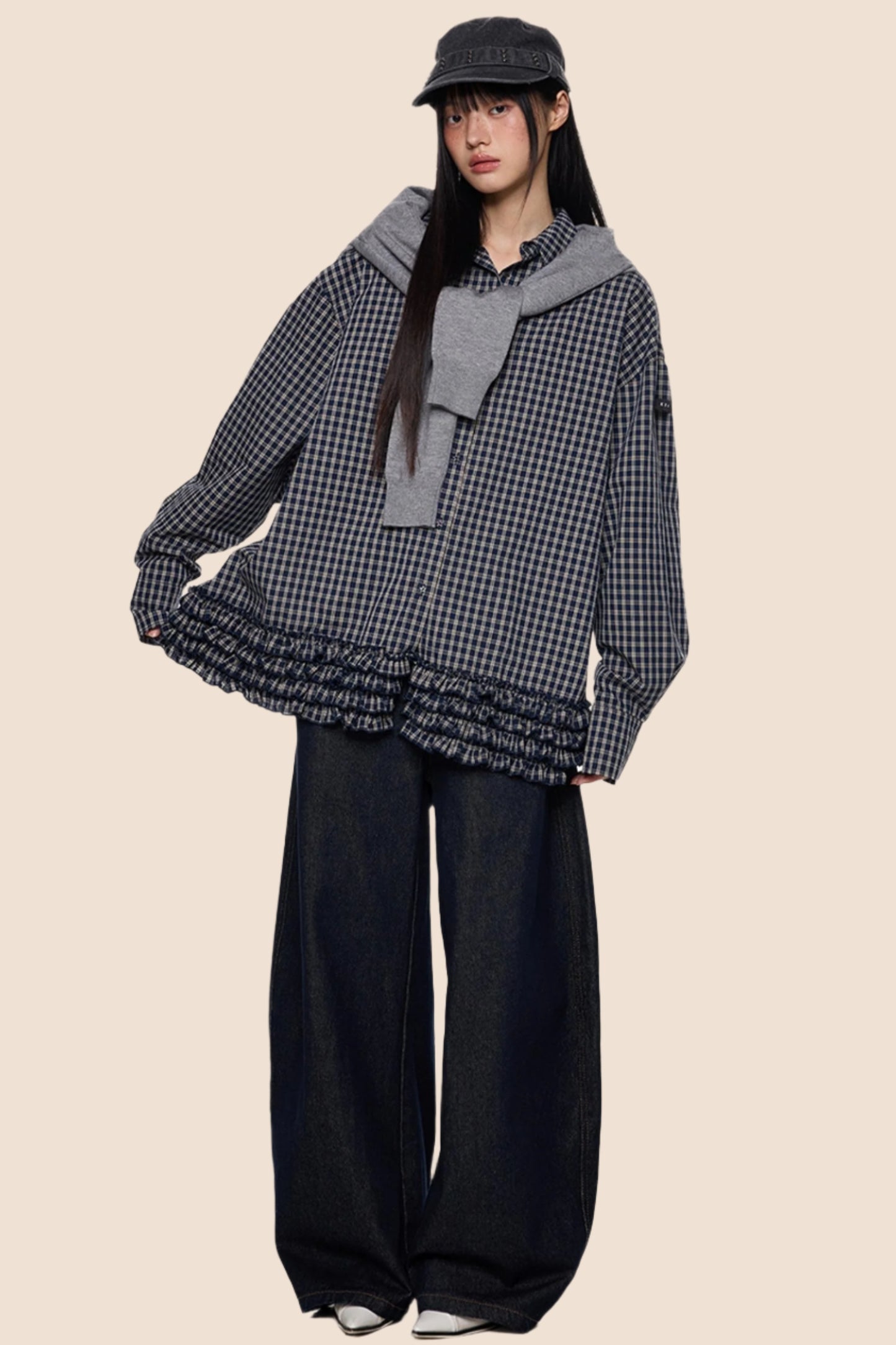 Plaid Pleated Long Sleeve Shirt