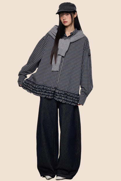 Plaid Pleated Long Sleeve Shirt