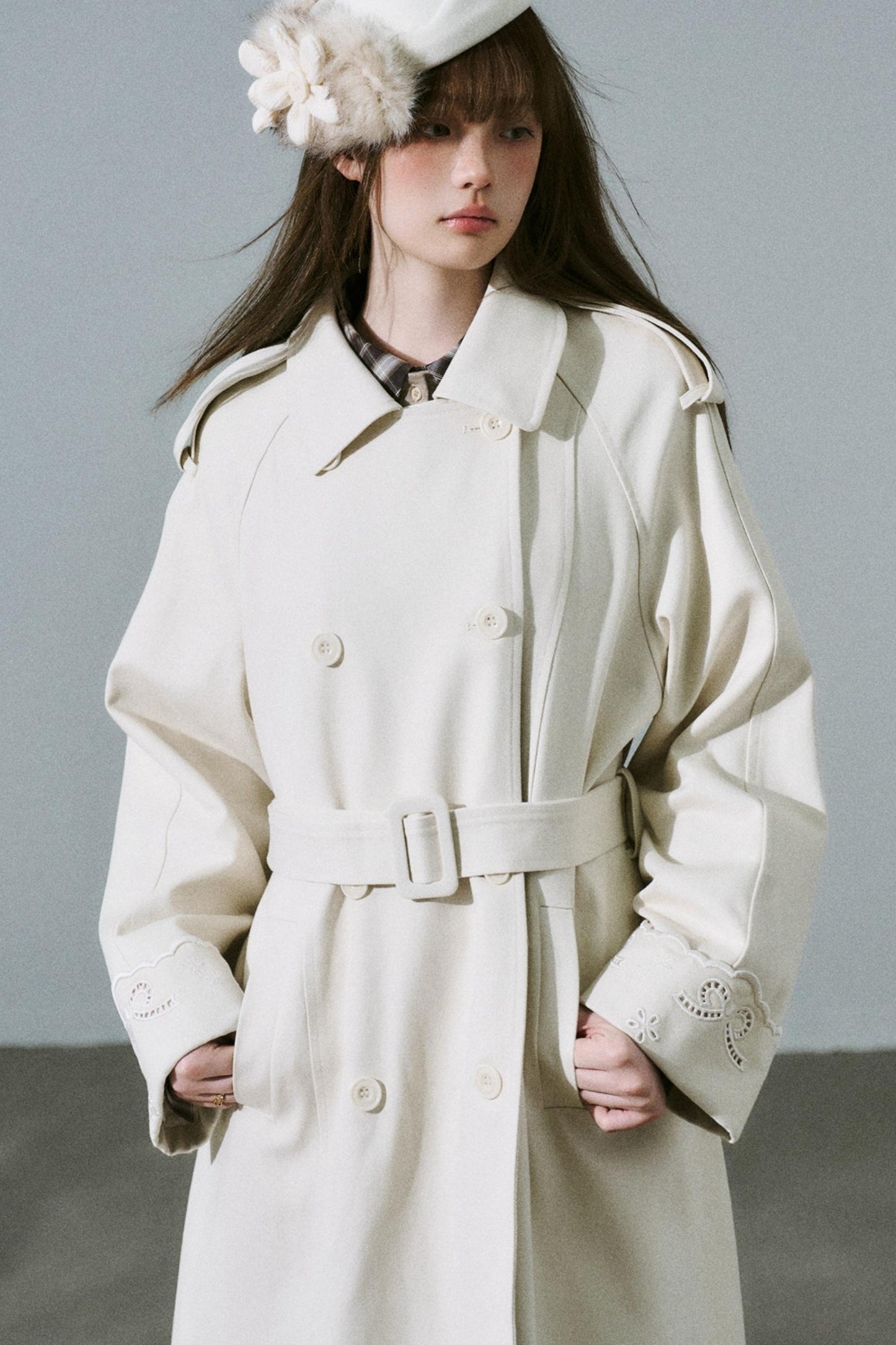 Creamy Hollow Flower Trench Coat