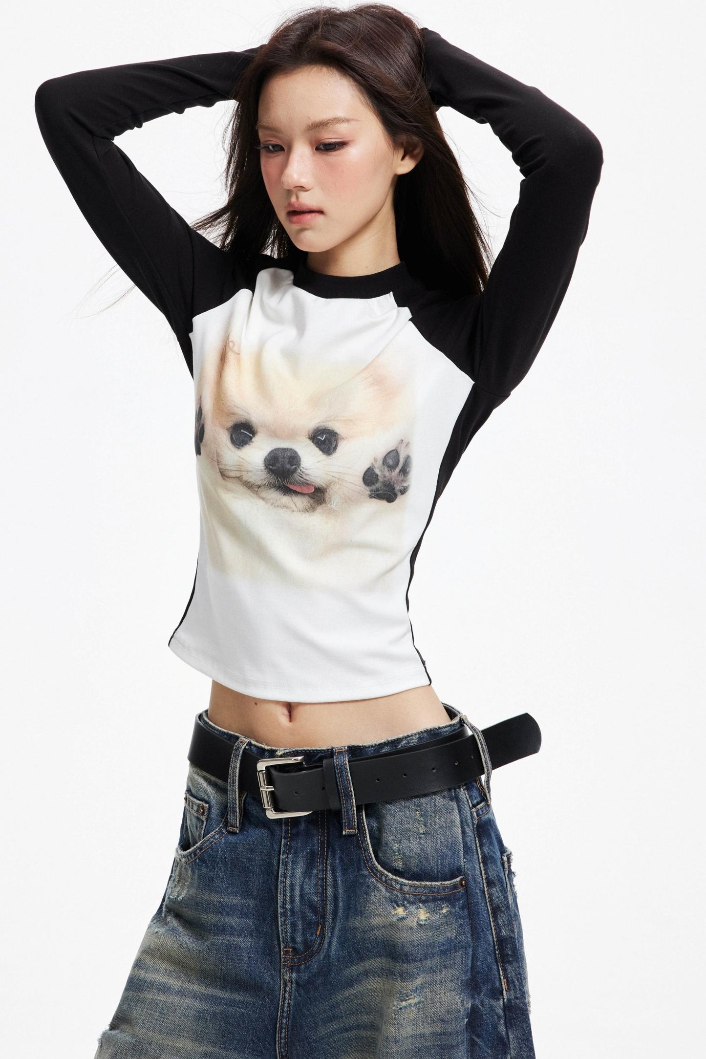Puppy Print Raglan Slimming Knit Top