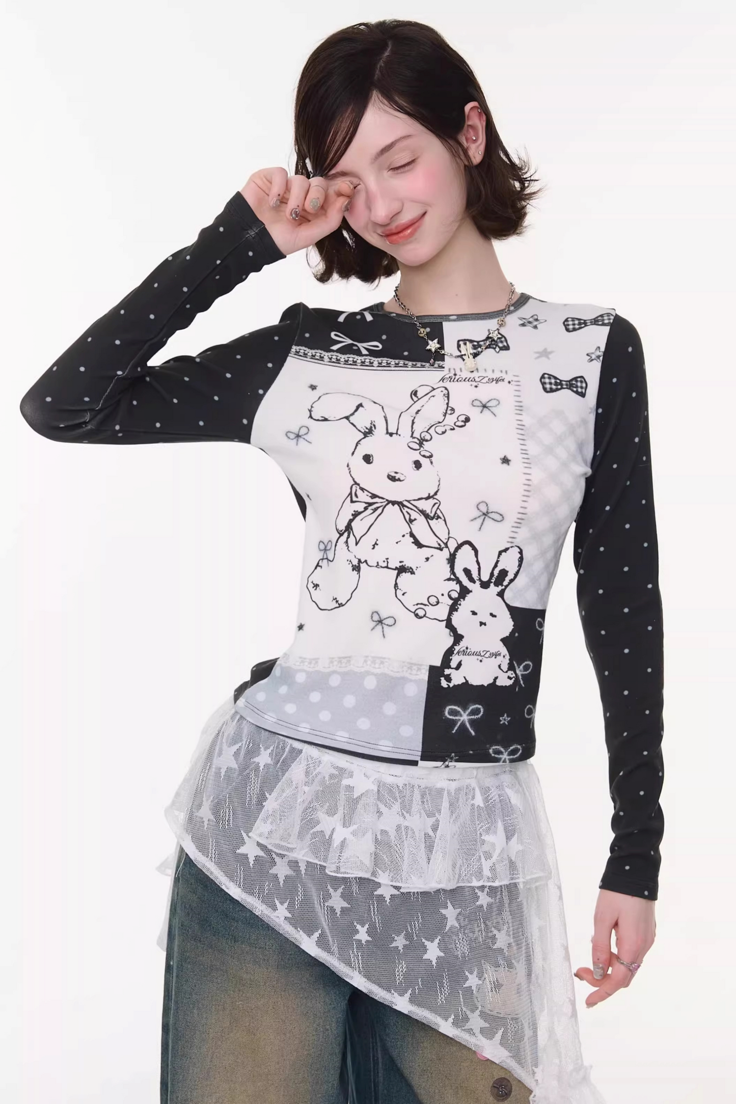 Contrast Bow Rabbit Top