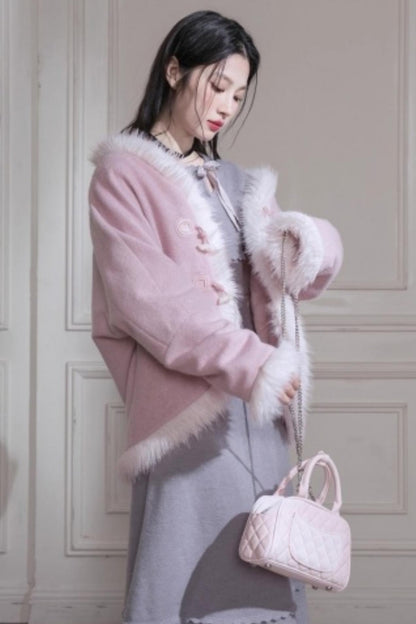 Snow Cherry Fleece Collar Wool Coat
