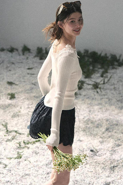 Lace-Trimmed Knitted Top