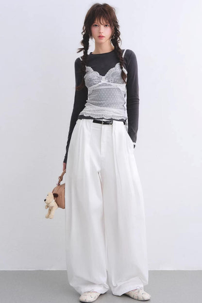 White Pleated Wide-Leg Pants Set-Up