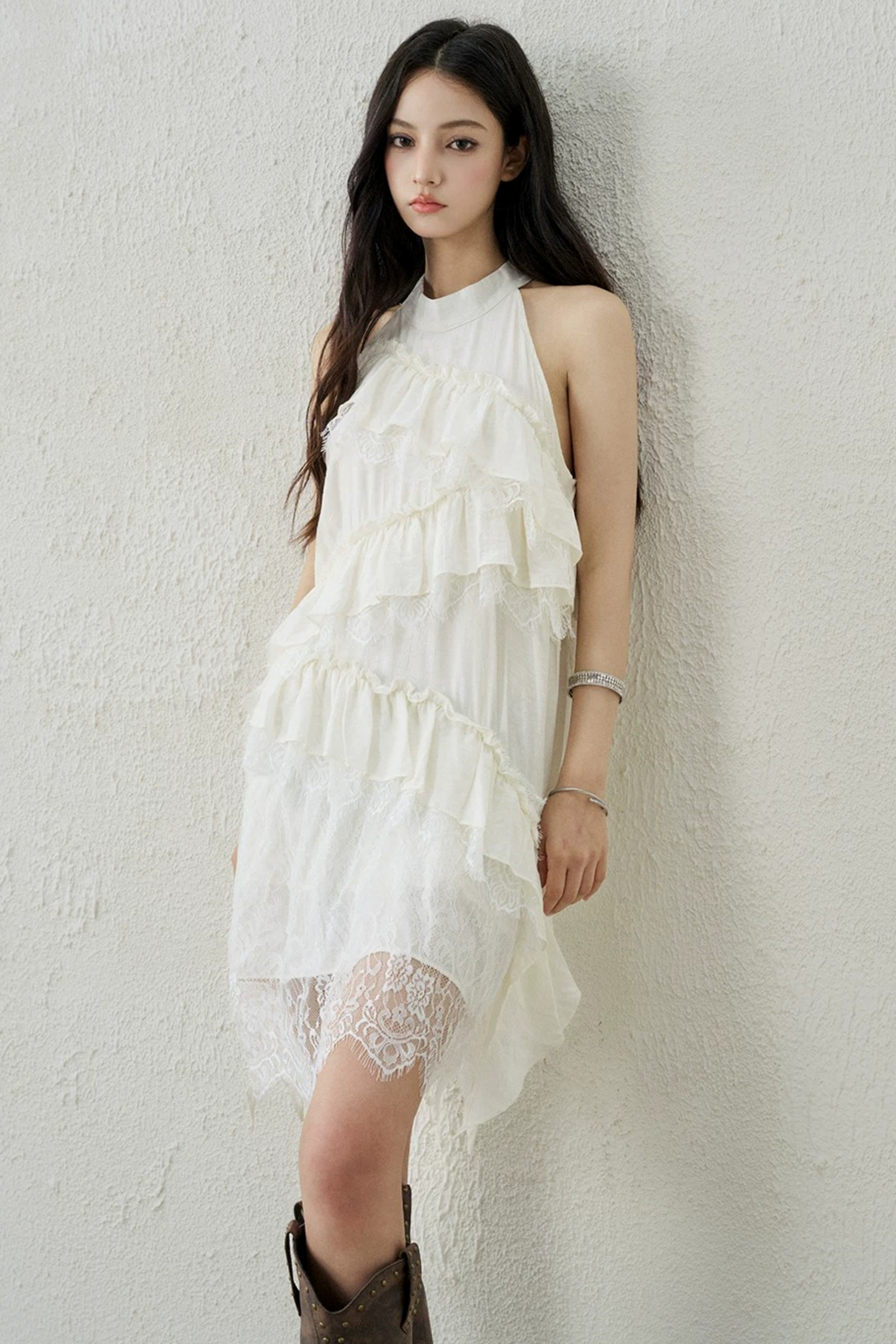 Apricot Lace Ruffle Dress