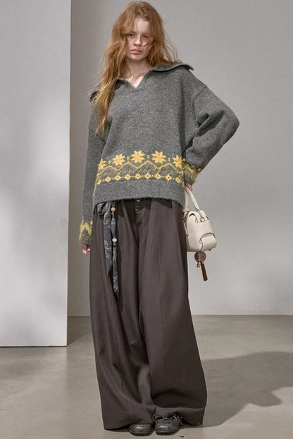 Lace-Up Turn-Down Collar Sweater Matching Set