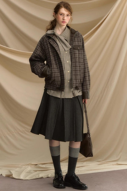 Stand Collar Plaid Woolen Jacket