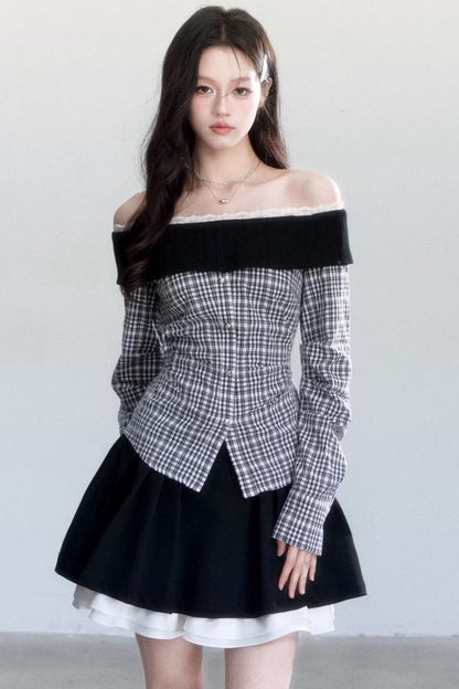 Plaid Off-Shoulder Blouse