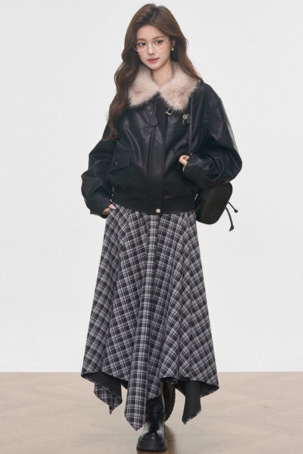 Black Leather Fur Collar Jacket Set-Up