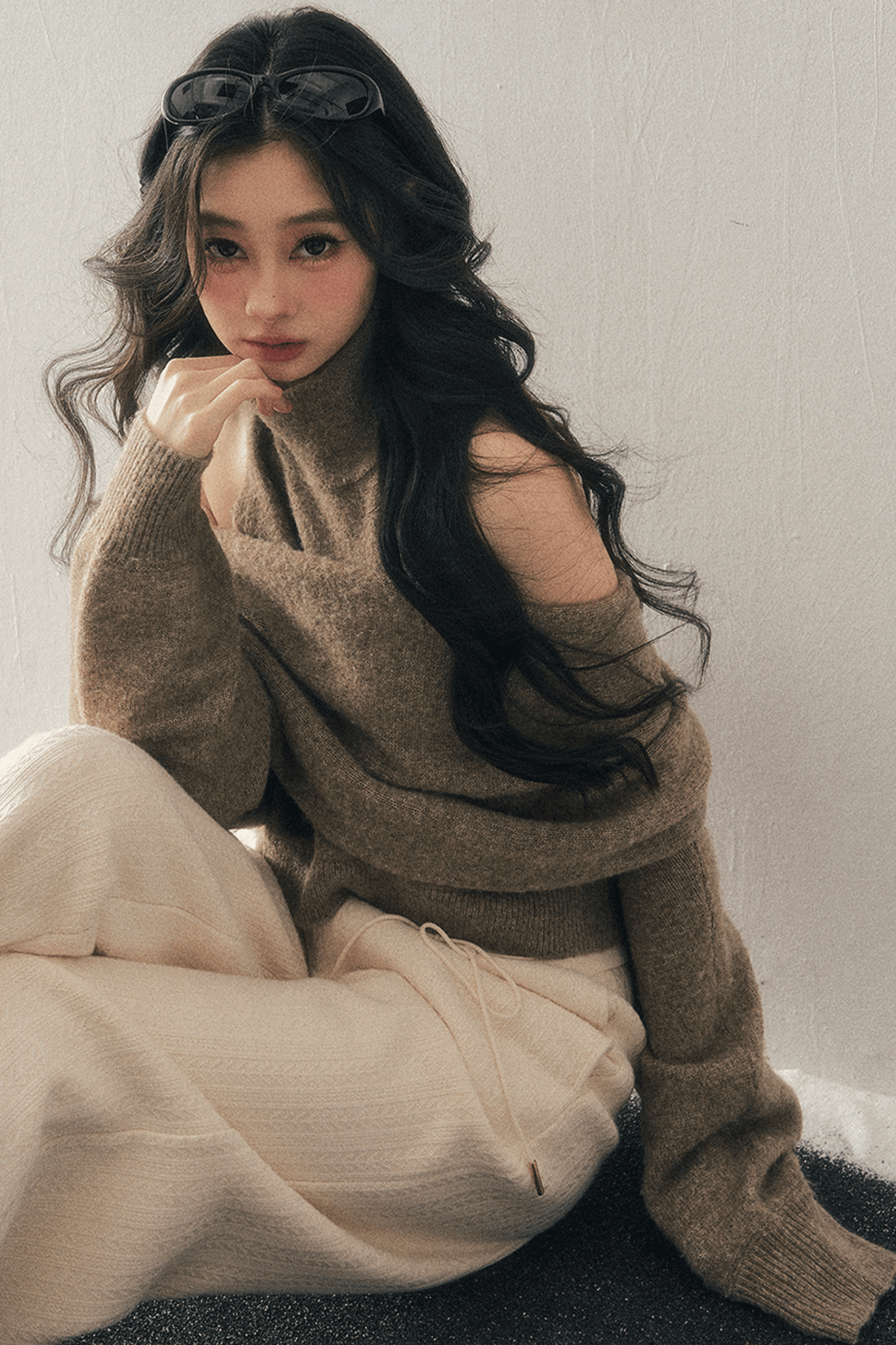 High-Neck Off-Shoulder Knit Sweater Set