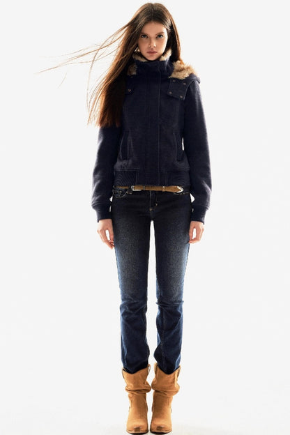 Fur Collar Textured Hooded Jacket