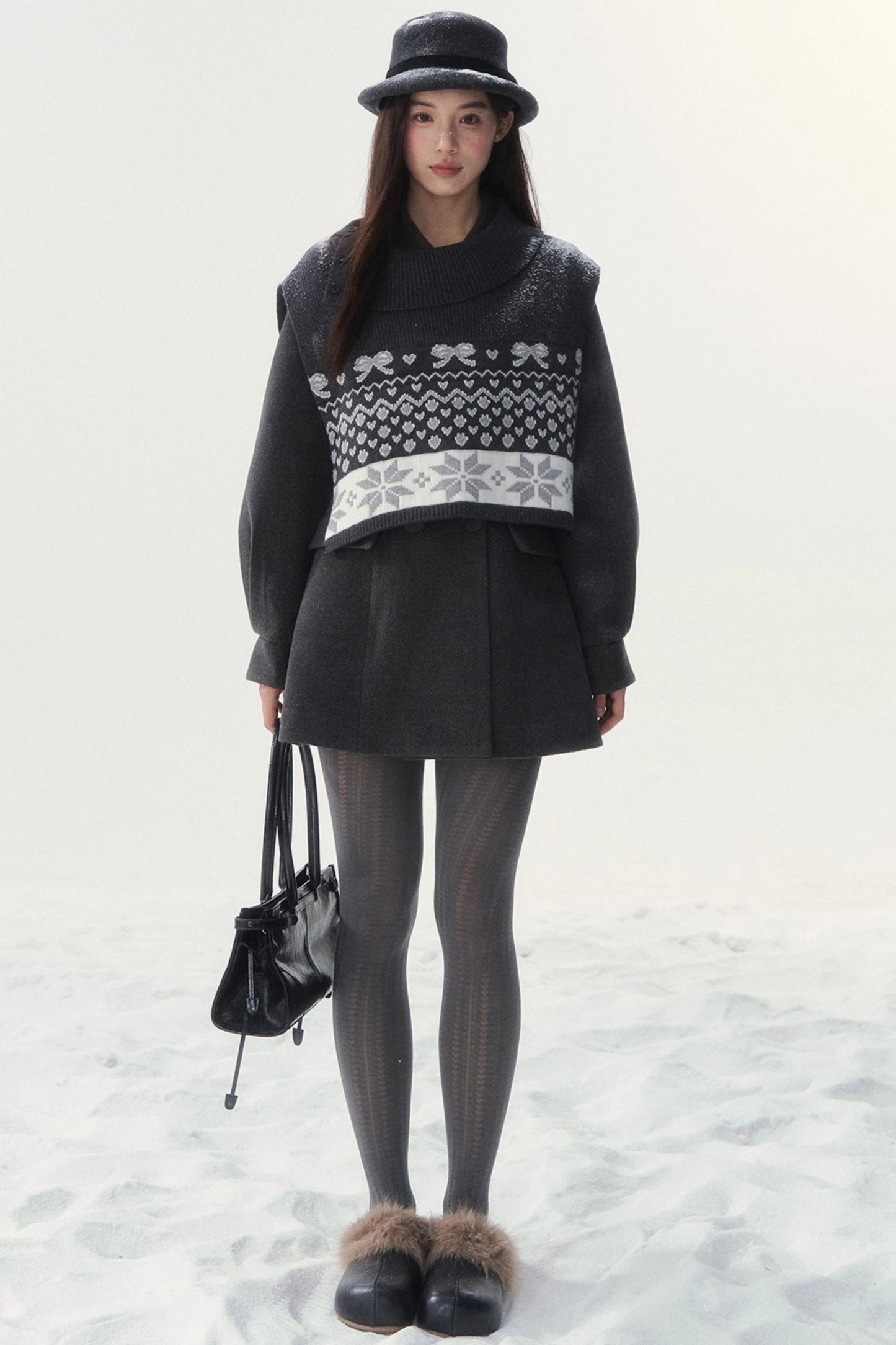 Double-Breasted Fur Collar Coat Set-Up