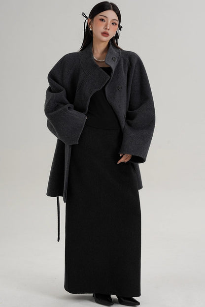 Elegant Woolen Lace-Up Coat