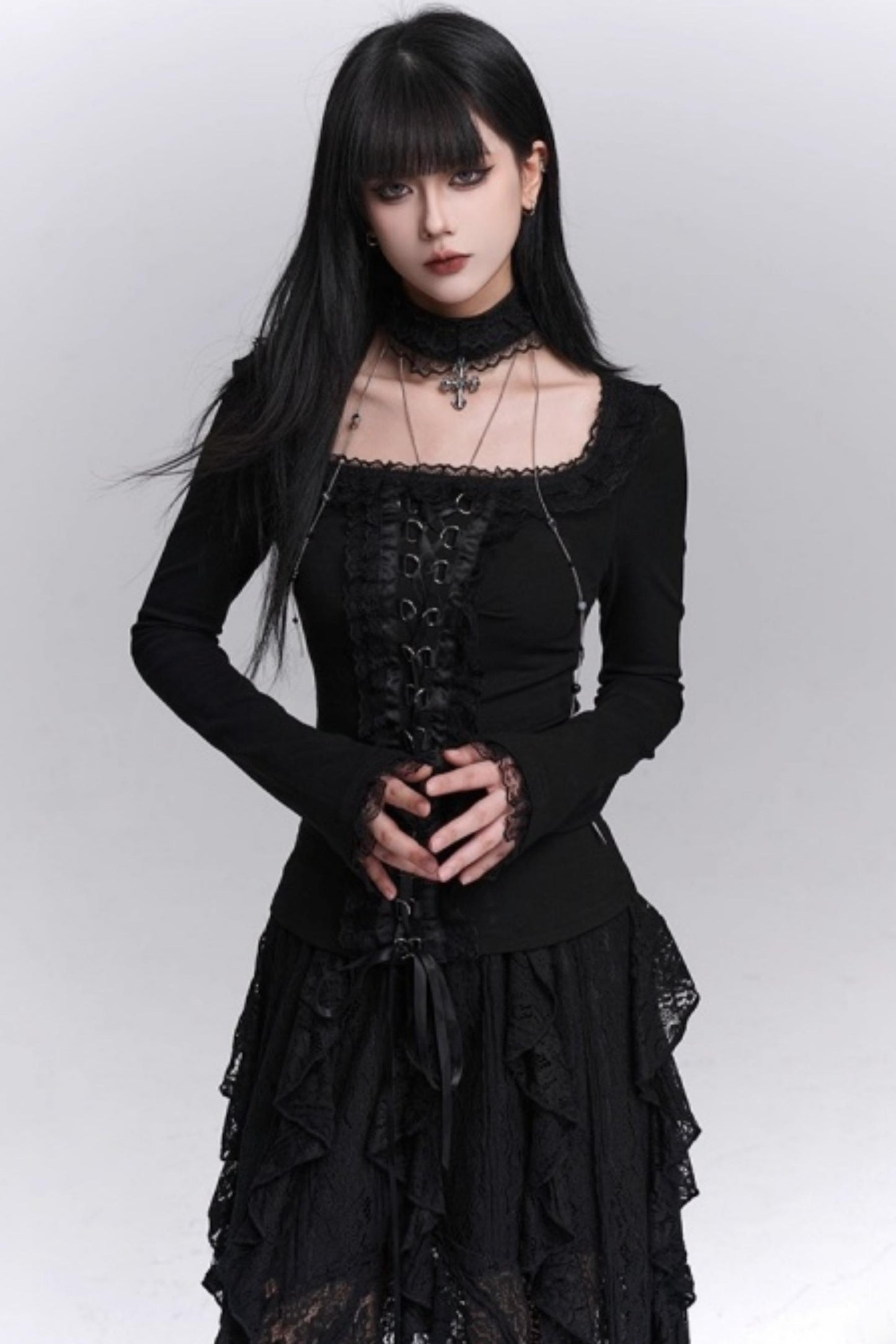Gothic Black Slim Long Sleeve Top
