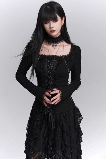 Gothic Black Slim Long Sleeve Top