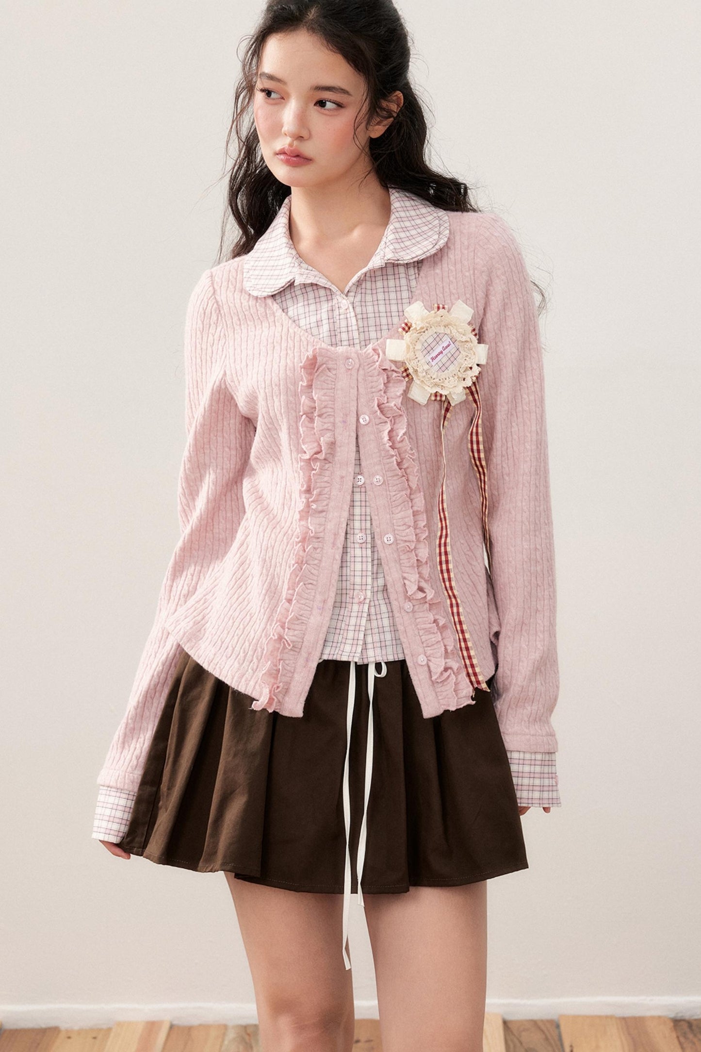 Layered Plaid Knit Patchwork Shirt