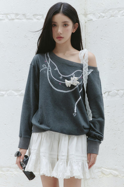 Gray Slanted Shoulder Tie Sweatshirt