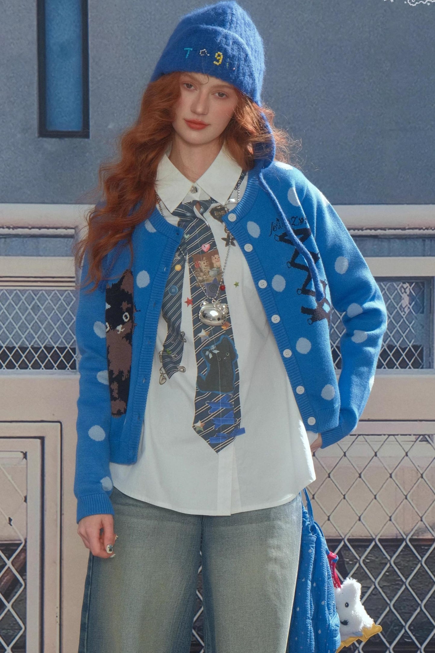 Blue Cat Polka Dot Knitted Cardigan