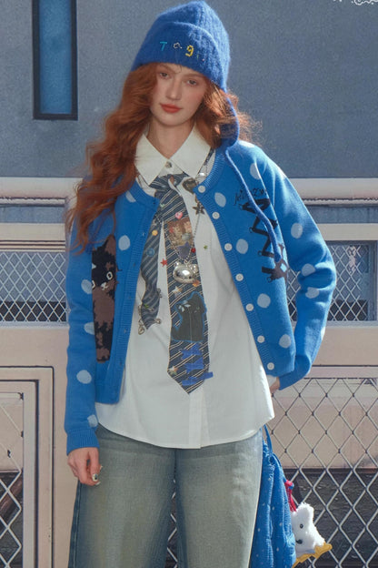 Blue Cat Polka Dot Knitted Cardigan
