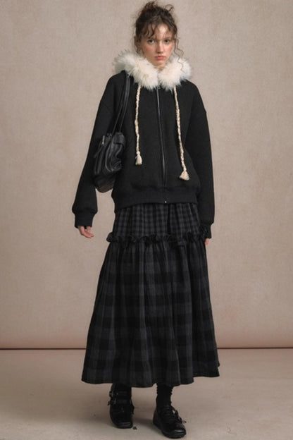 Loose Fur Collar Hooded Zipper Jacket