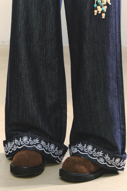 Embroidered Straight-Leg Pants