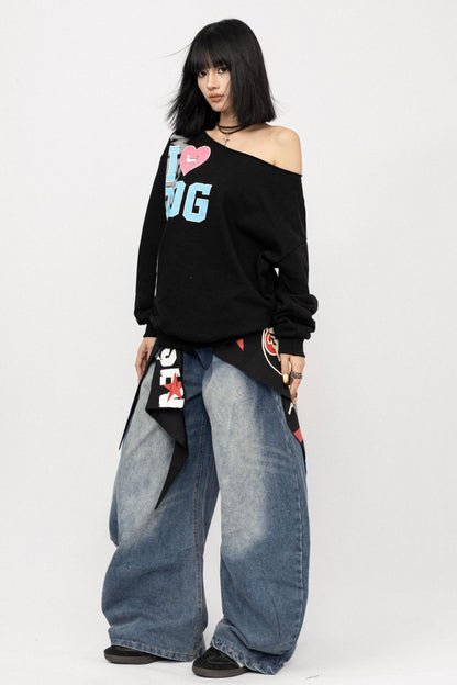 American Love Slanted Print Long Sleeve Top