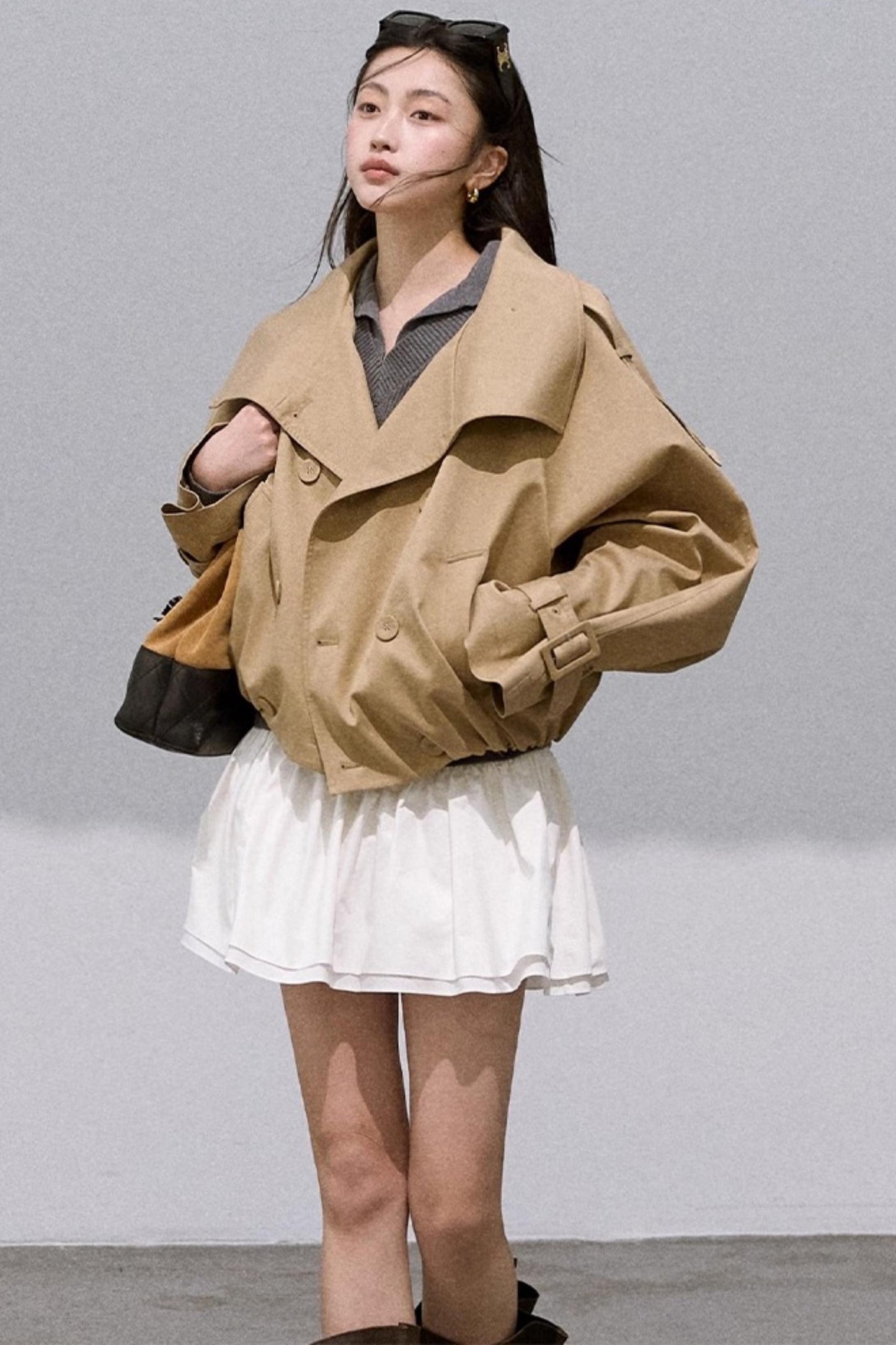 Wool V-Neck Detachable Skirt Dress