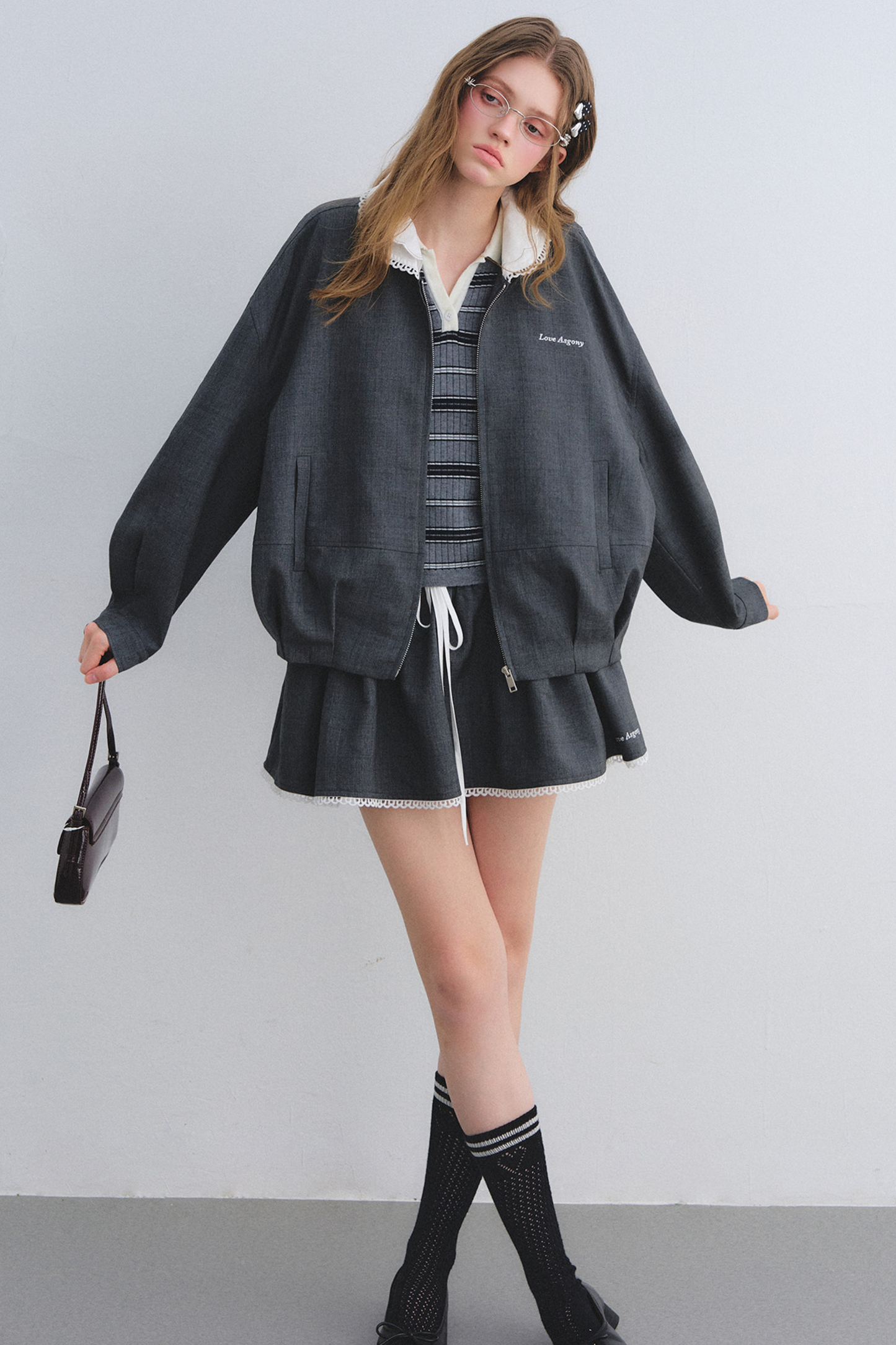 Lace Floral Gray Jacket Skirt Set-Up