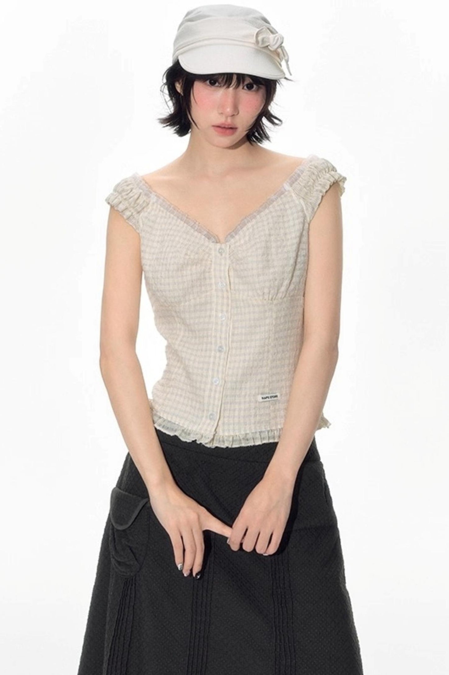 Checked Sleeveless One-Shoulder Shirt Set-Up