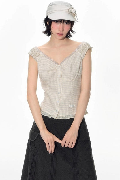 Checked Sleeveless One-Shoulder Shirt Set-Up