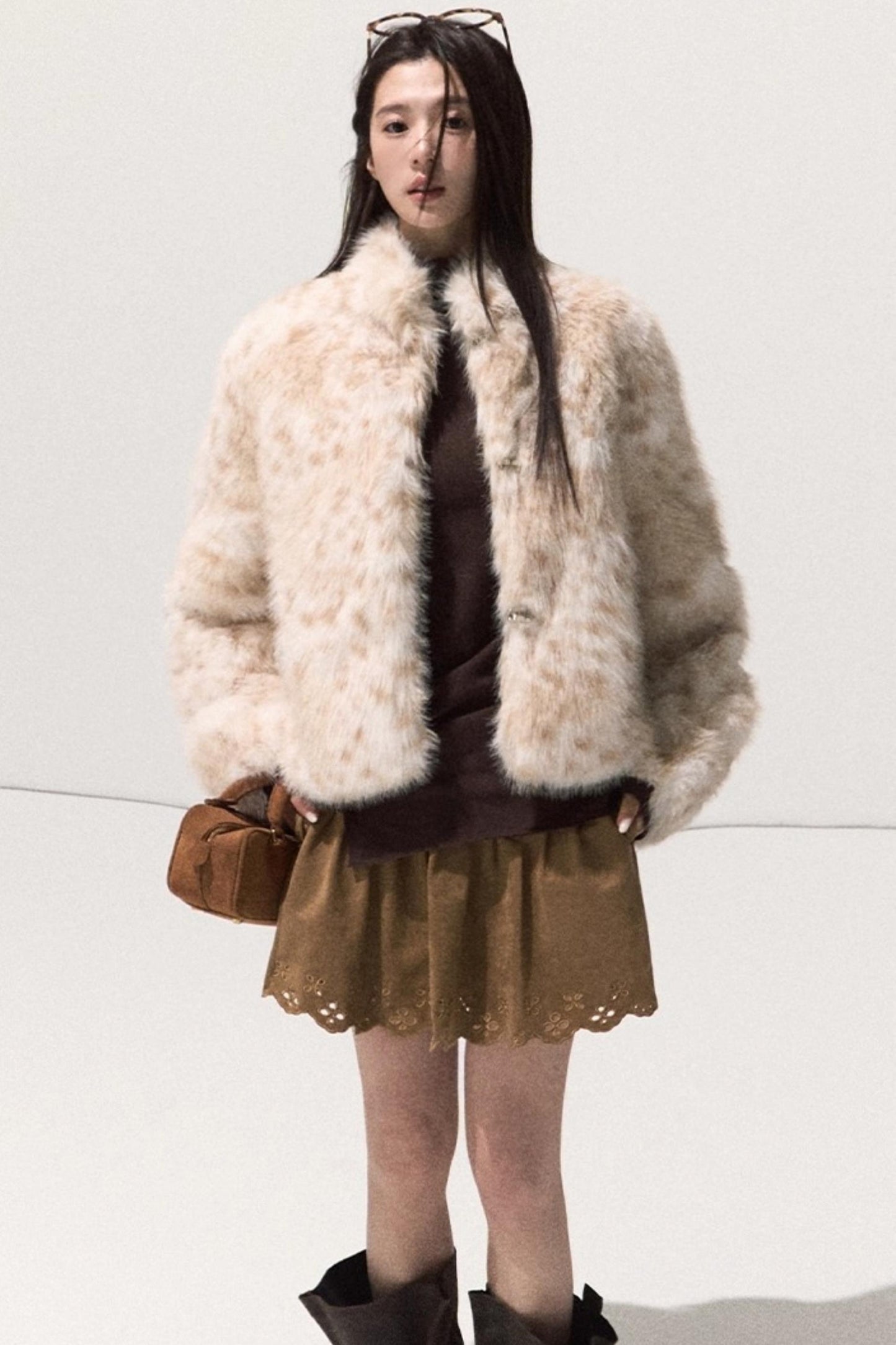 Girlish Leopard Print Fur Coat Set-Up