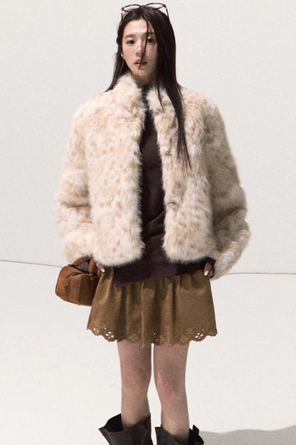 Girlish Leopard Print Fur Coat Set-Up