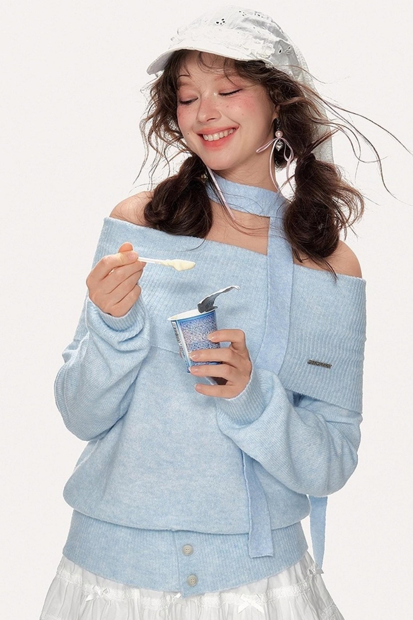 French Sweet One-Shoulder Halterneck Sweater