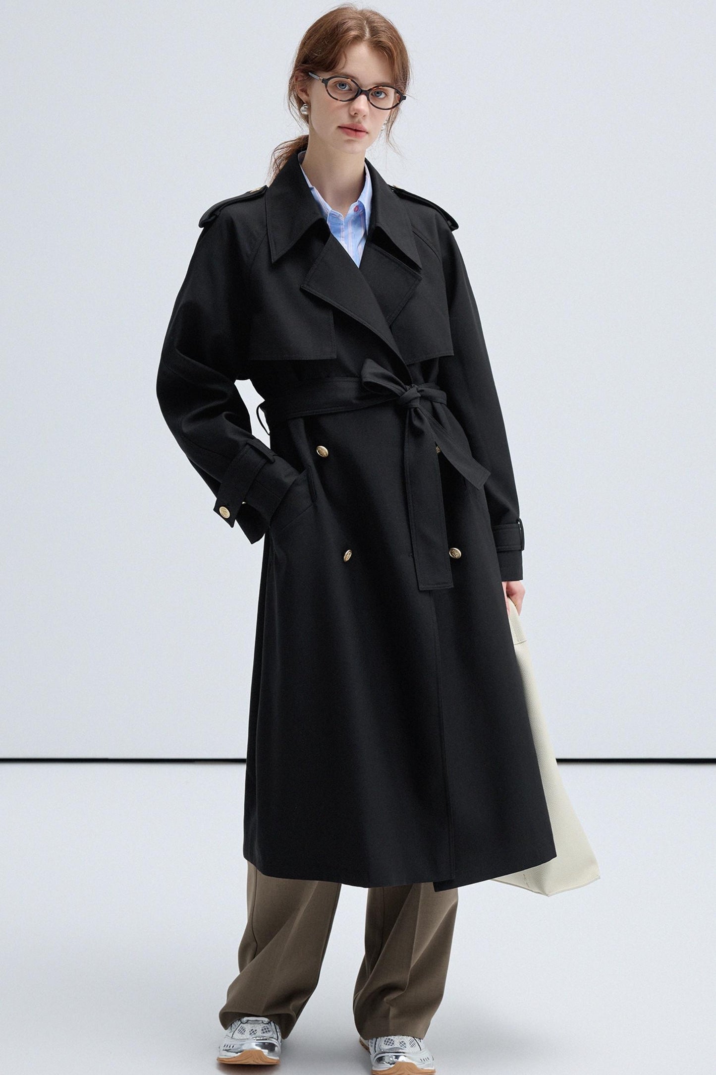 VEGA CHANG Schwarzer Trenchcoat Damen Frühling-Herbst 2024 Neue klassische doppelreihige lange Jacke im britischen Stil