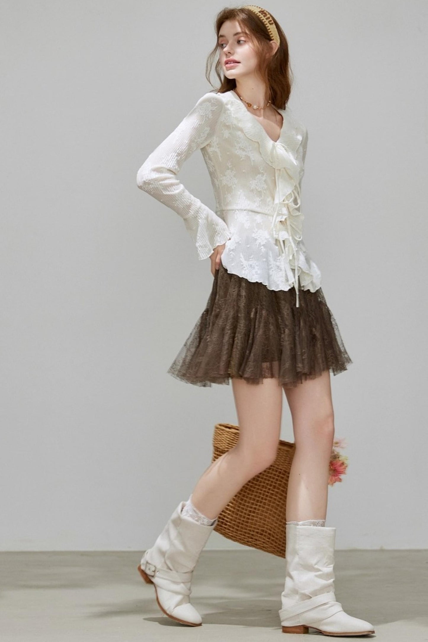 Autumn Womens V-neck Ruffled Top