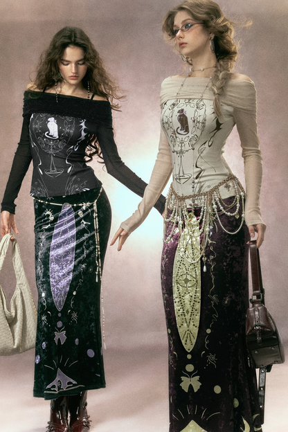 Hand-Painted Velvet Fishtail Skirt