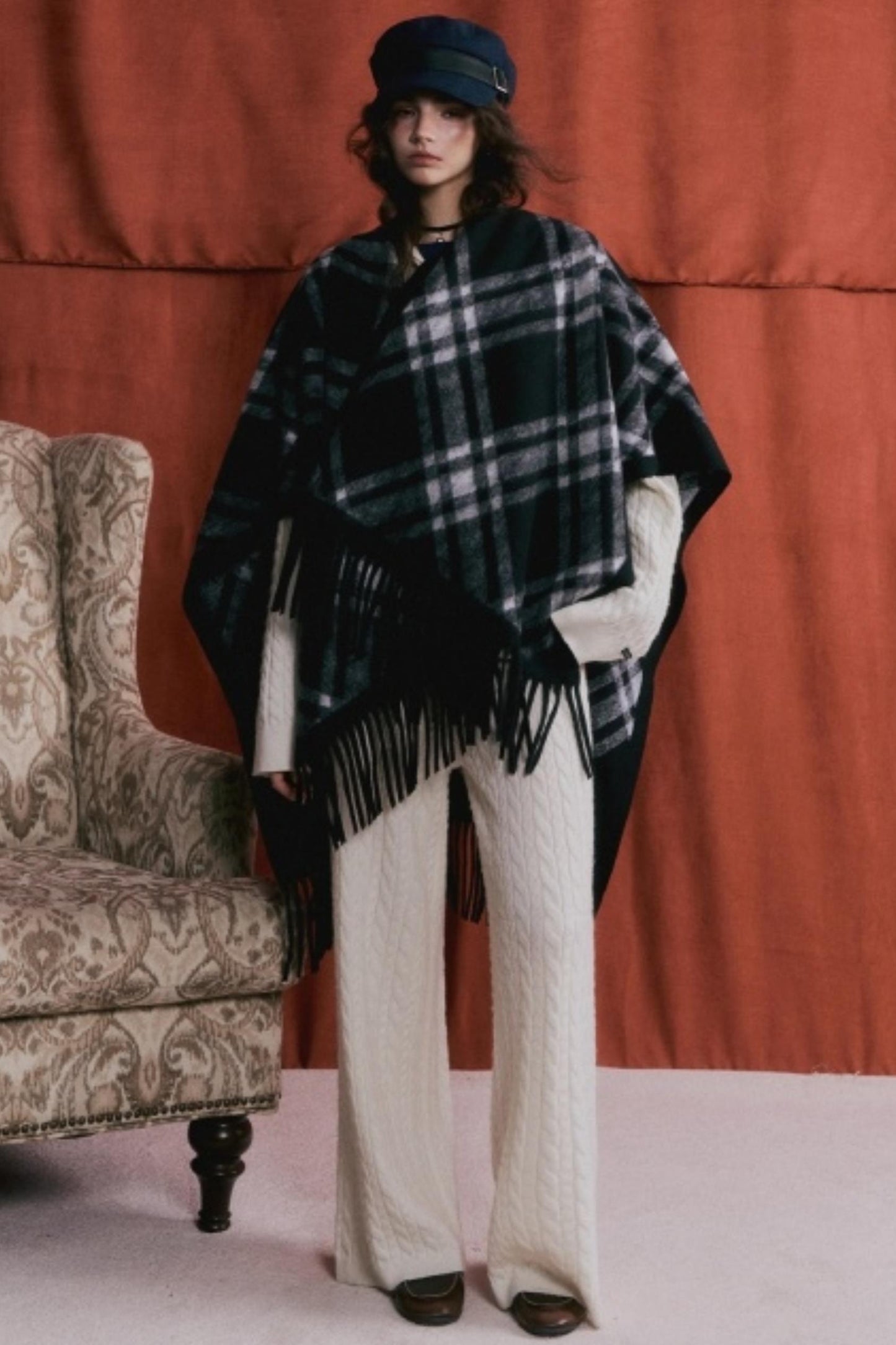 Retro Plaid Tassel Cape Shawl