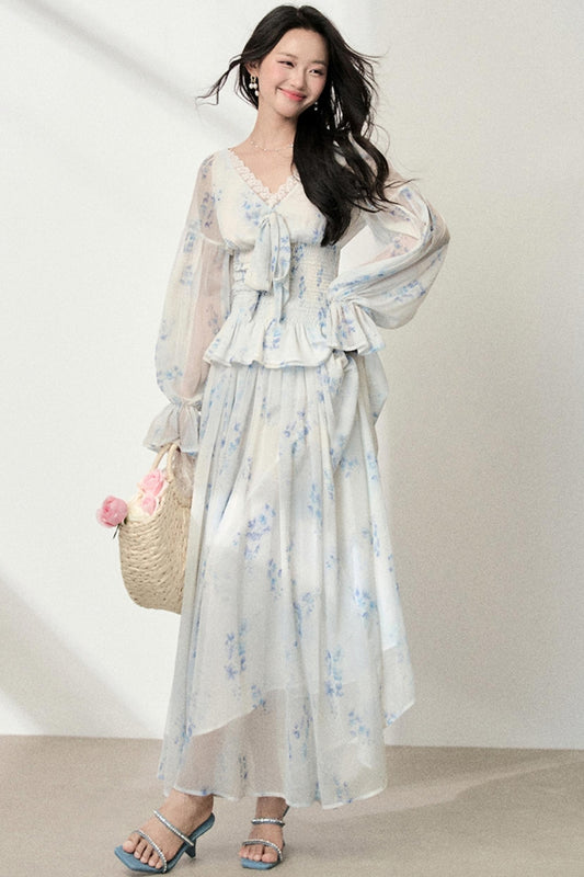 Floral V-Neck Shirt Skirt Set-Up