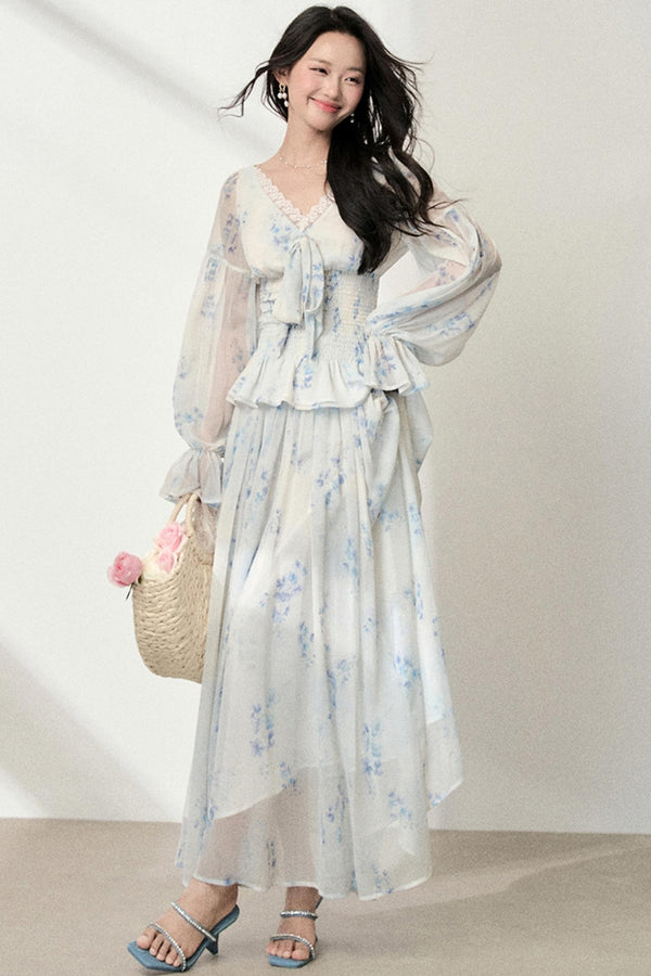 Floral V-Neck Shirt Skirt Set-Up